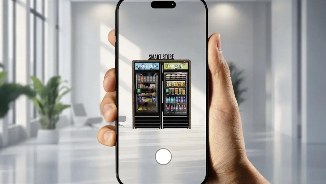 A phone previewing a Skala smart store in an empty lobby using augmented reality.