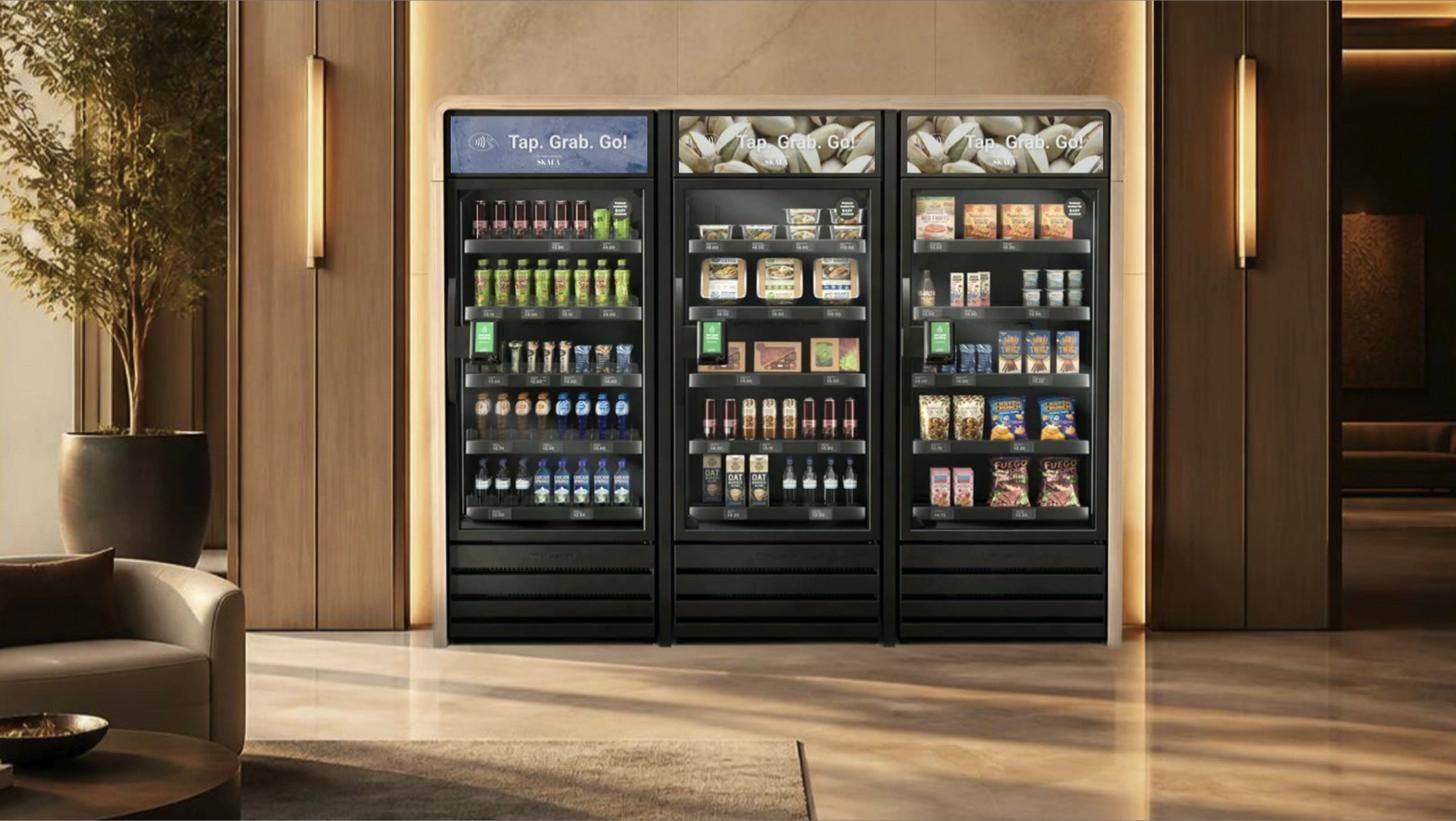 A Skala AI smart cooler bank in a corporate lobby.