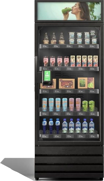 A single stocked Skala AI smart cooler with a digital header display above the glass door.