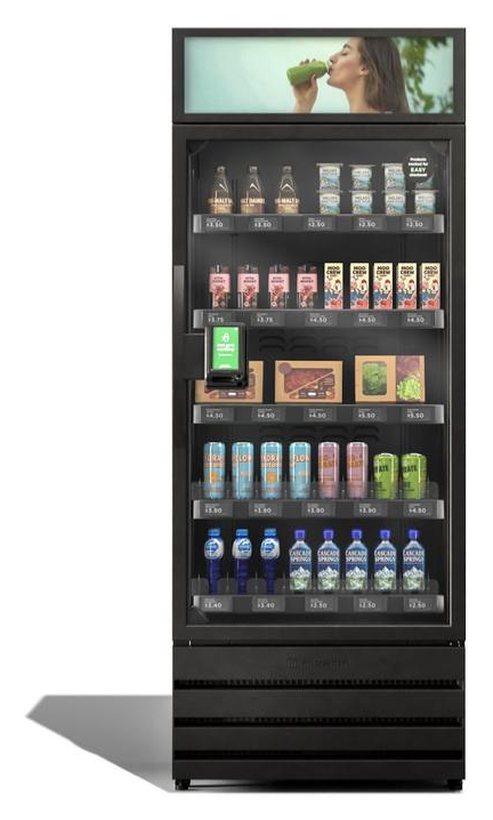 A single stocked Skala AI smart cooler with a digital header display above the glass door.